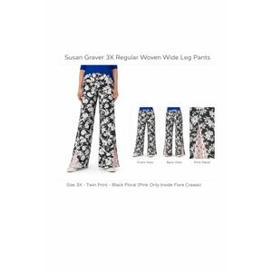 Susan Graver 3X Regular Woven Wide Leg Twin Print Floral Pants Black Coral